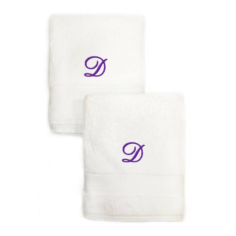 Sweet Kids 2-piece White Turkish Cotton Hand Towels Personalized with Lavender Purple Monogrammed Initial - White - D