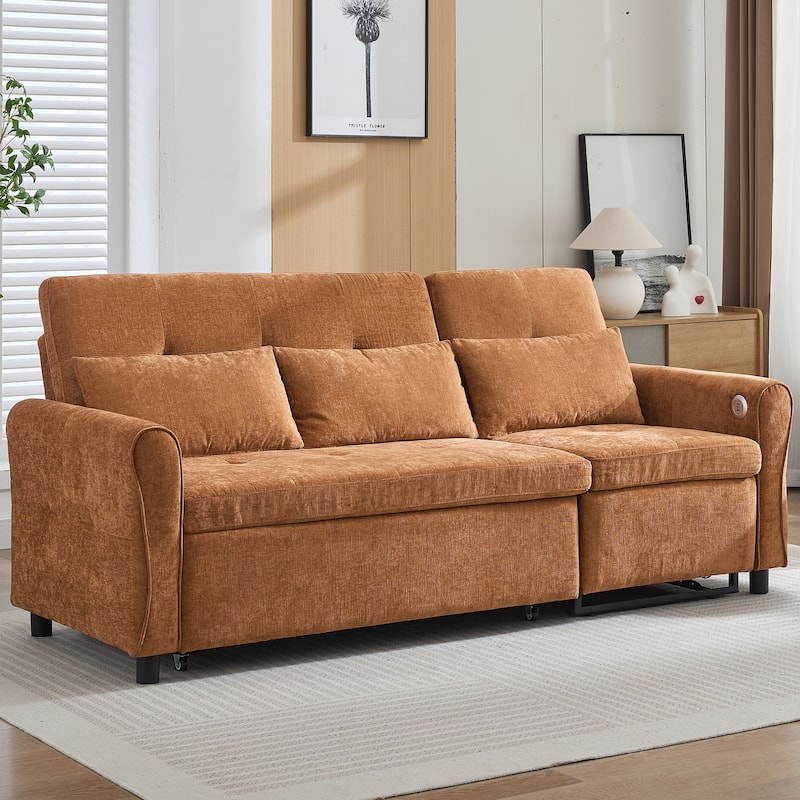 2-in-1 Sleeper Sofa Bed, 3 Seater Sectional Sofa with Pull Out Bed, Reversible Recliner Sofa with Pillows and USB Port