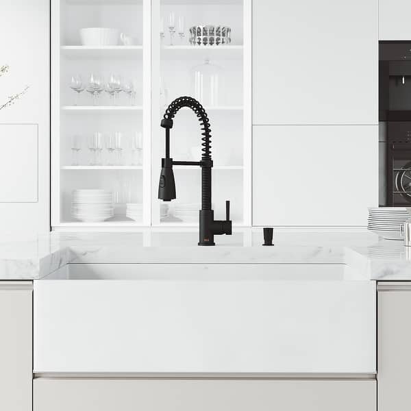 slide 2 of 5, VIGO Matte Stone 36"L x 18"W Farmhouse Kitchen Sink and Brant 19"H Faucet Set