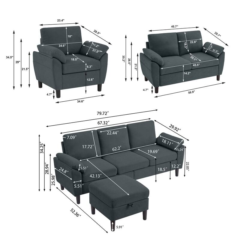 4-Piece Living Room Sectional Sofa Set with Loveseat and Chair
