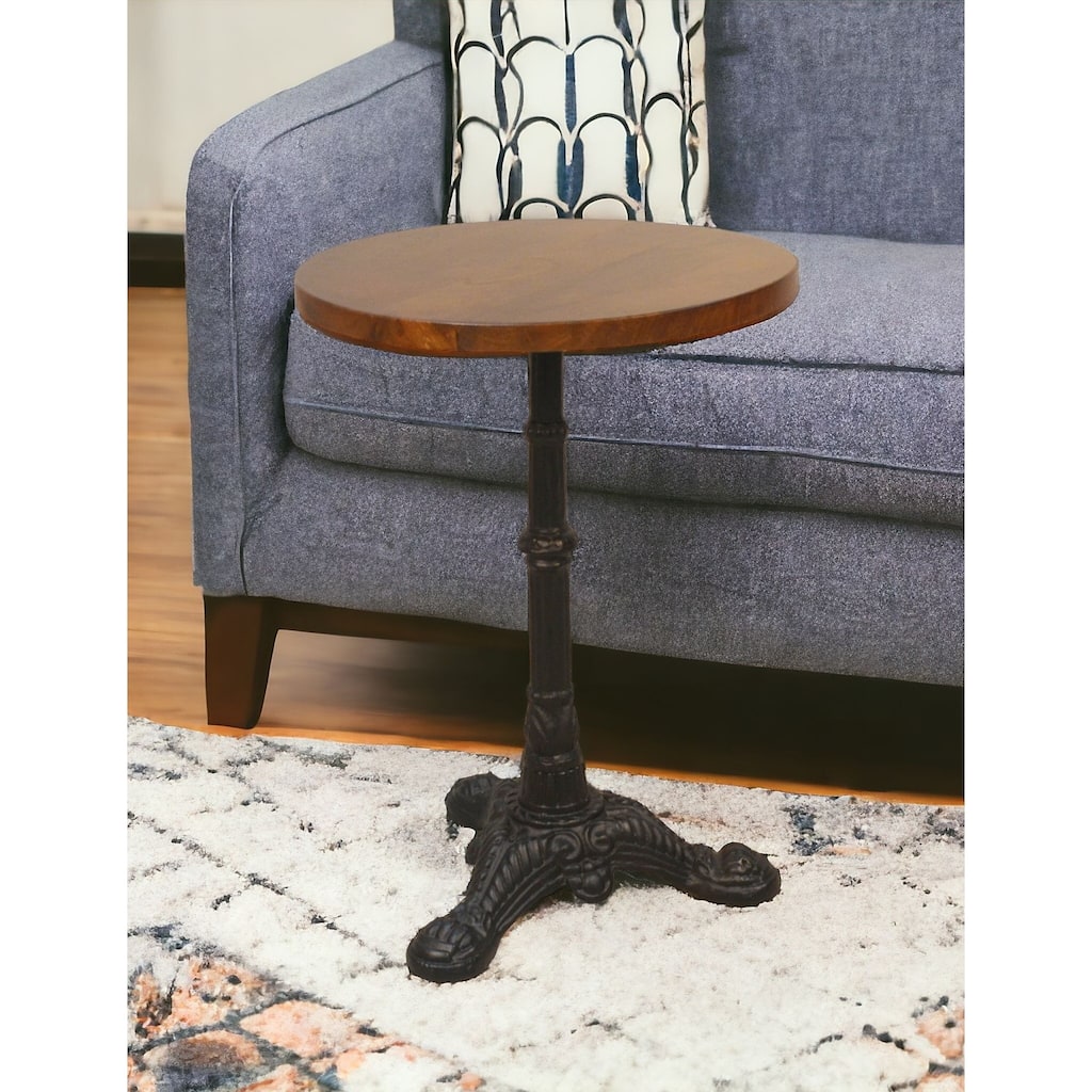 HomeRoots 28" Black And Wood Brown Solid Wood And Iron Round End Table - 28