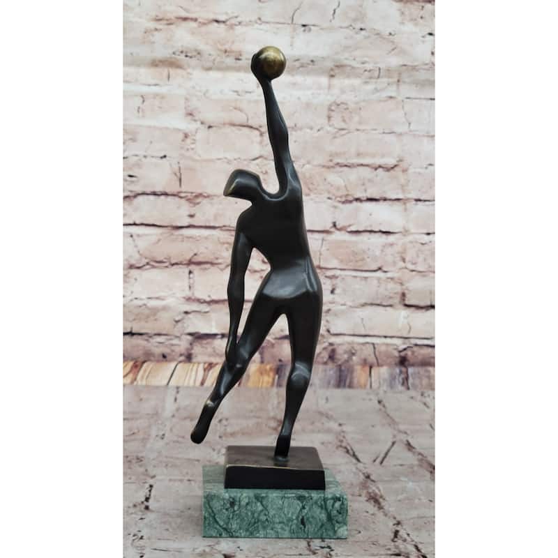 Modern Abstract Bronze Sculpture – Volleyball Athletic Figure With Ball On Marble Base