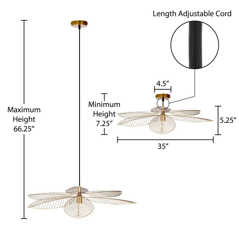 Soren River of Goods Antique Brass Metal Cutout Leaf-Shaped Pendant Light with Adjustable Hanging Cord - 35" x 35" x 7.25/66.25"