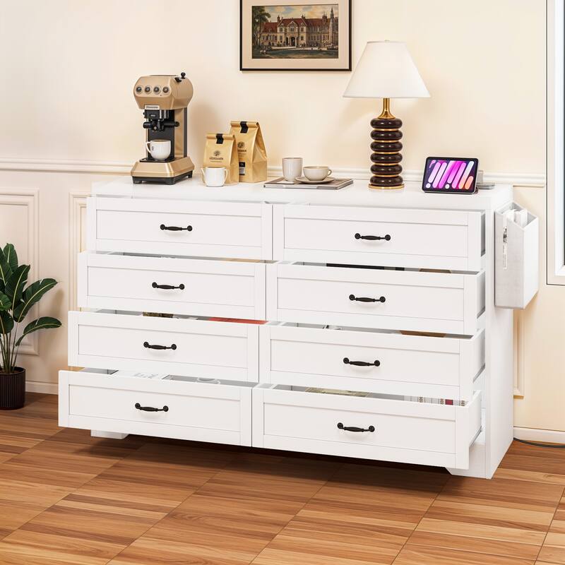 Vintage Double Dresser Chest of Drawers with Charging Station and Side Organizer Bag