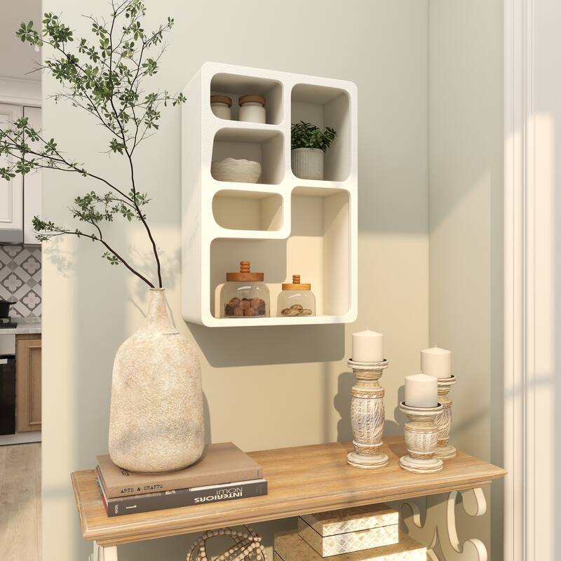 Wooden 5 Shelf Geometric Room Wall Shelf with Block Shapes - Black or Cream