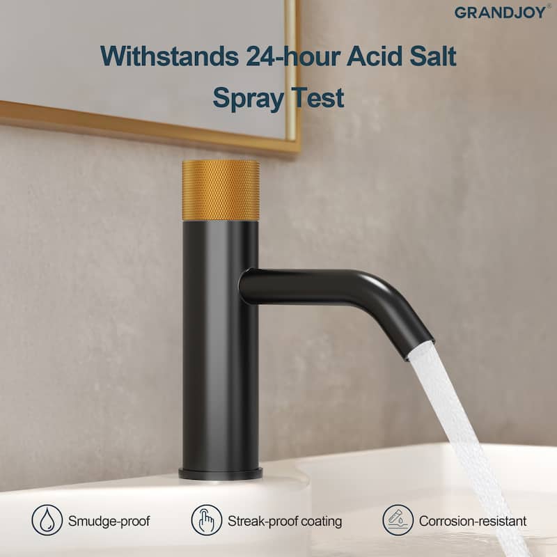 GRANDJOY Low-Arc Single Handle Vessel Sink Faucet with Pop-Up Drain, Compact Bathroom Design - Matte Black&Brushed Gold