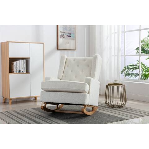 Mid-Century Modern Rocking Chair with High Back Contoured Design and Ergonomic Arm, 41.3'' Hx30.7'' Wx33.8'' D, White Teddy