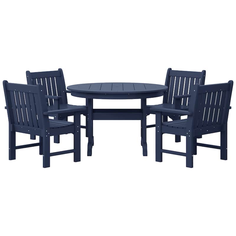 Polytrends Laguna Poly 5-Piece Outdoor Patio Round Table Garden Arm Chair Dining Set - Navy Blue