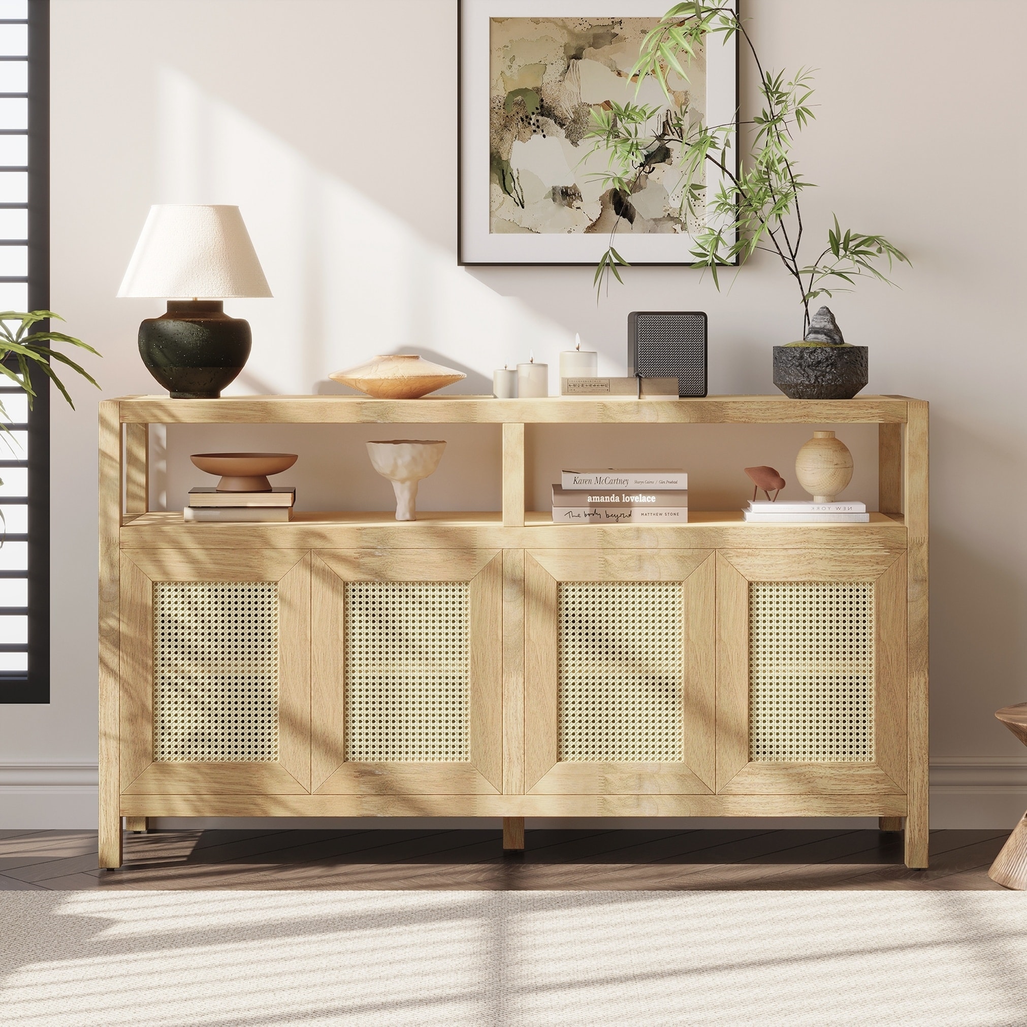 Rattan Buffet Storage Cabinet with Solid Wood Frame, Sideboard with 3-position Adjustable Shelves for Living & Dining Rooms