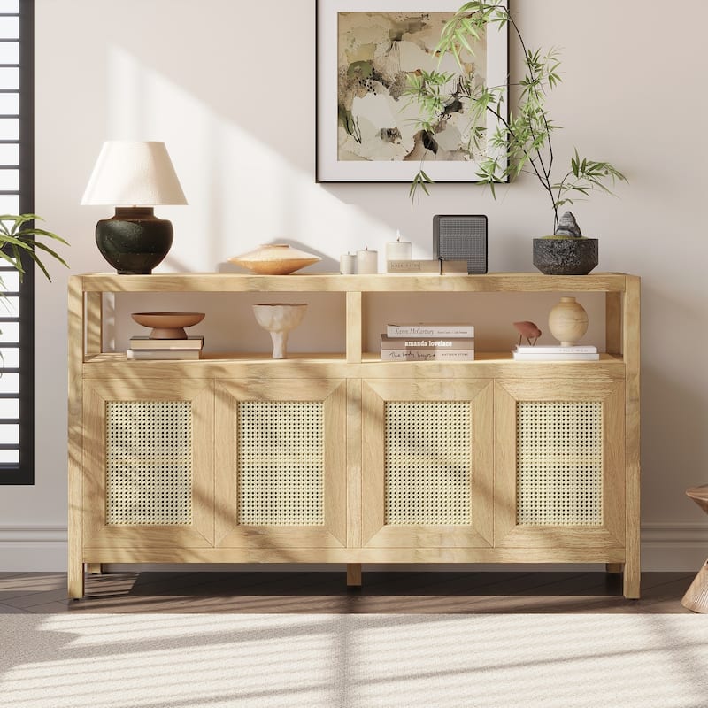 Rattan Buffet Storage Cabinet with Solid Wood Frame, Sideboard with 3-position Adjustable Shelves for Living & Dining Rooms - Natural