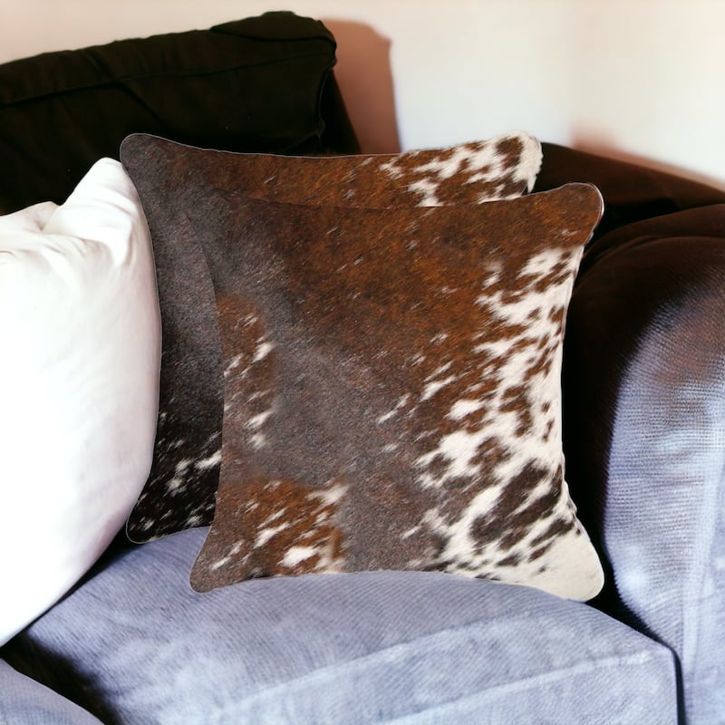 HomeRoots Set of Two 18" X 18" Brown and White Animal Print Cowhide Zippered Pillow
