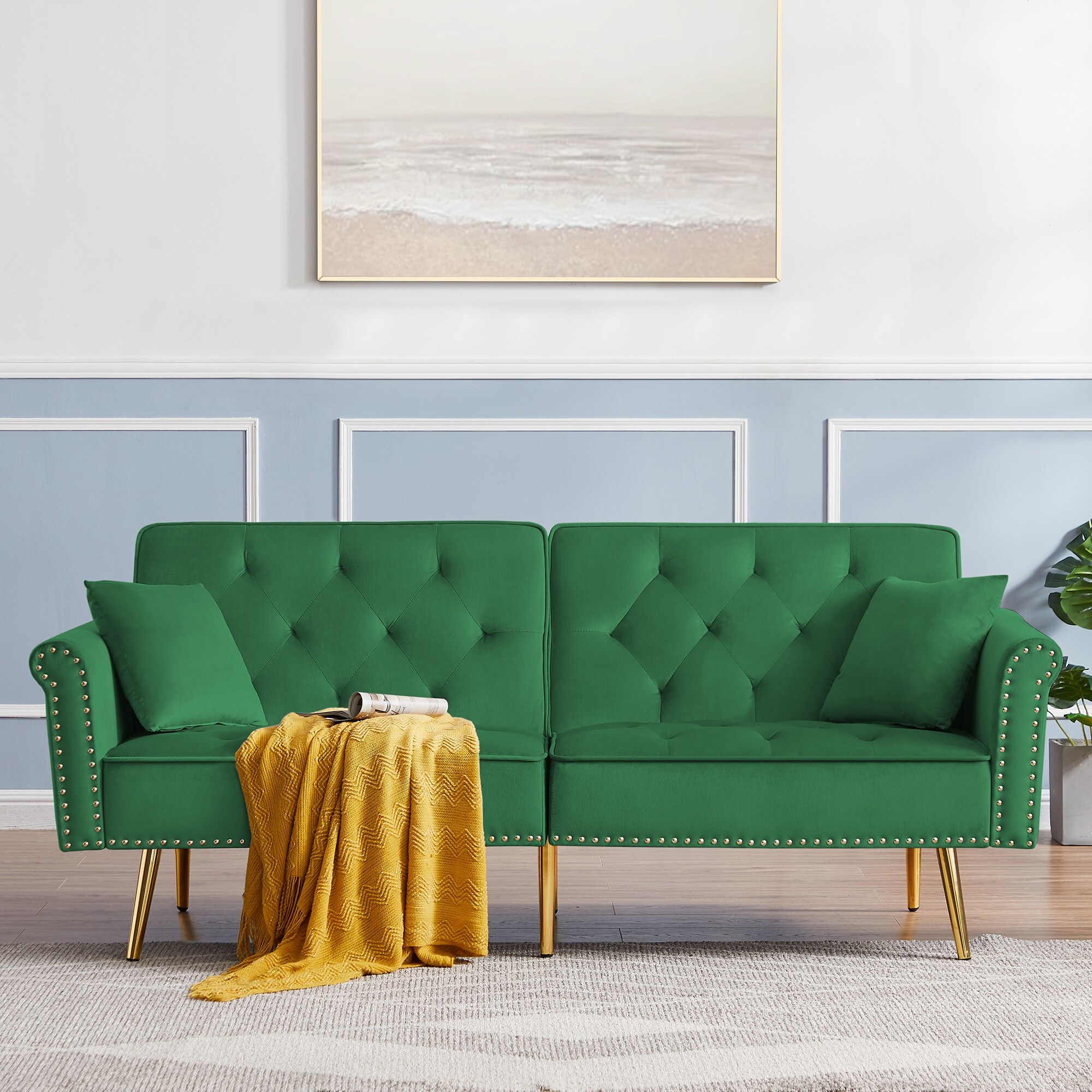 Green couch with online gold legs