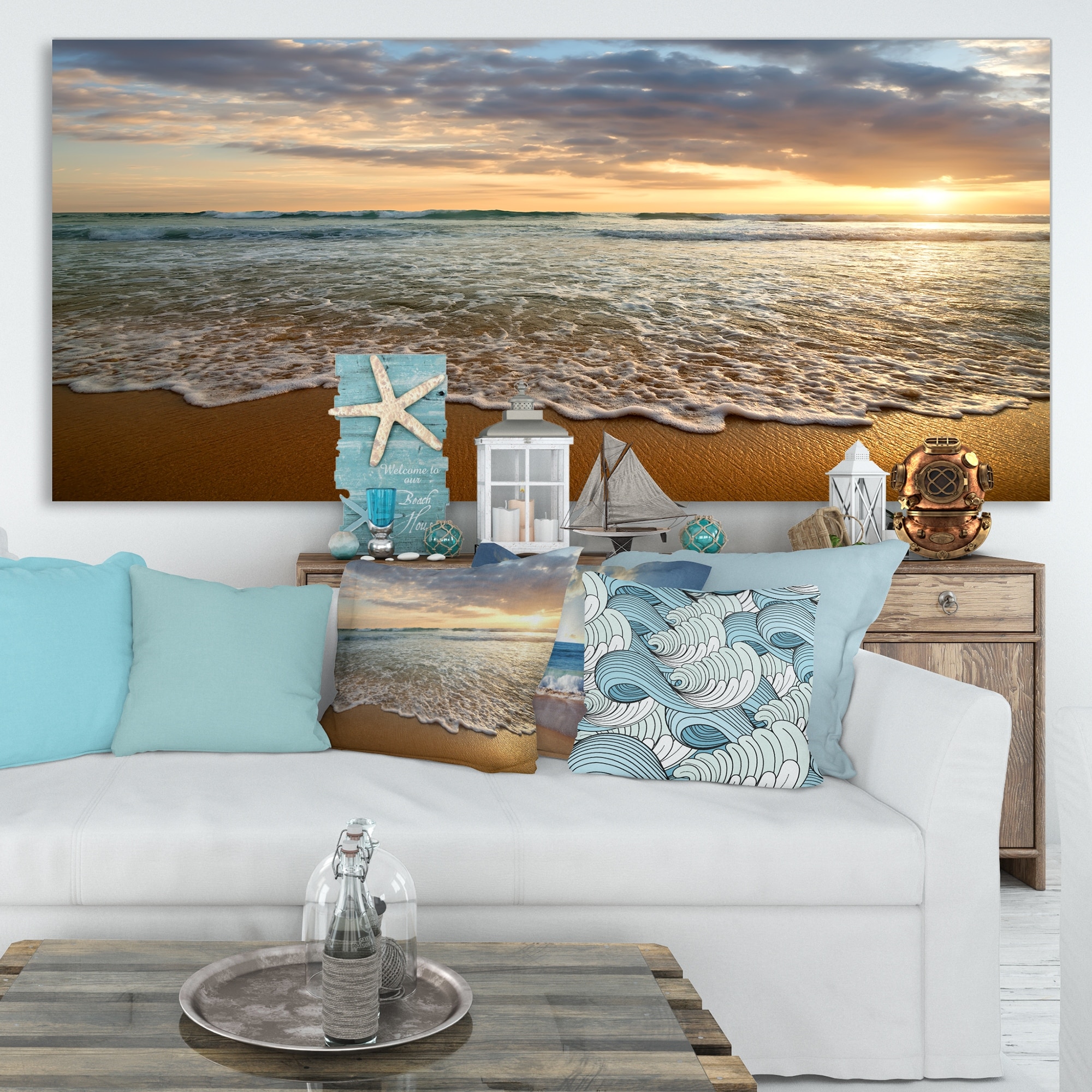 Bright Cloudy Sunset in Calm Ocean - Contemporary Seascape Art Canvas