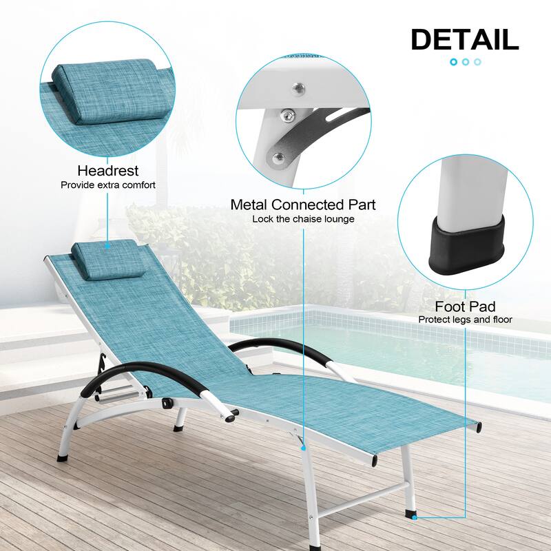 3-piece Outdoor Adjustable Aluminum Reclining Chaise Lounge Chairs with Wheels and Side Table Set