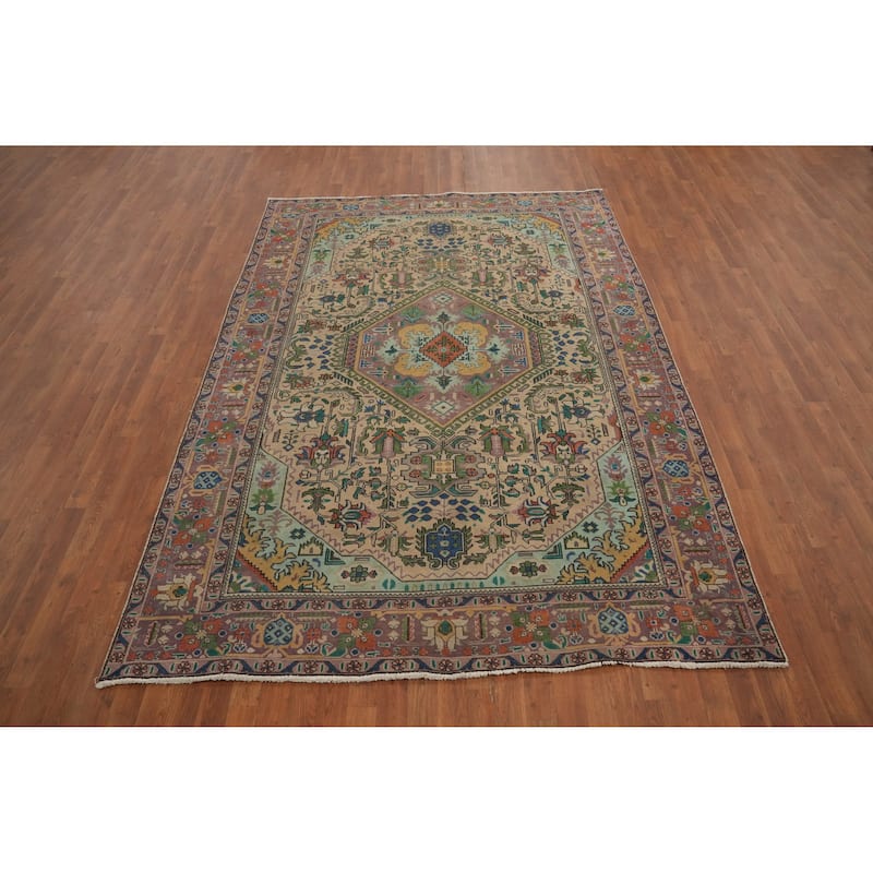Hand Knotted Oriental 100% Wool Carpet Traditional Floral Beige & Ivories Tabriz Area Rug - 9' 7'' X 6' 7''