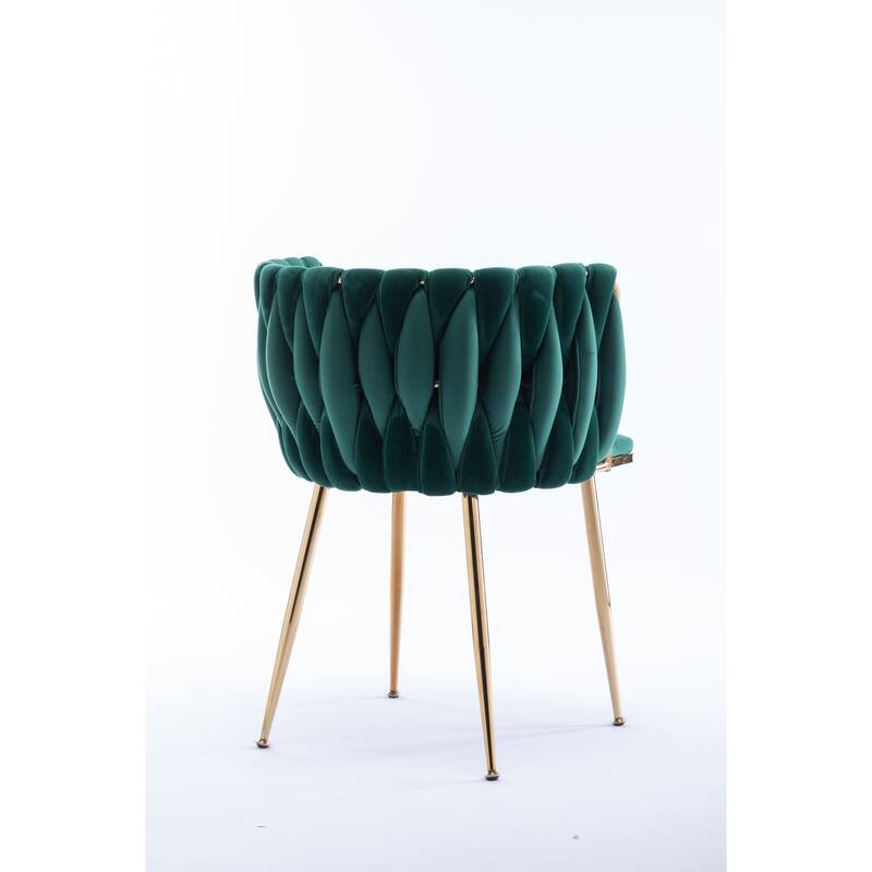 Velvet Fabric Dining Chairs Set of 2, Ergonomic Upholstered Lounge Chair, Accent Chairs with Woven Back & Metal Legs