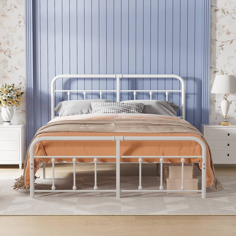 Javlergo White Metal Platform Bed Frame with Headboard and Footboard Quiet Heavy-Duty Frame No Box Spring Needed - White - Full