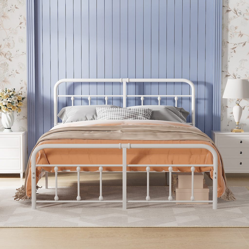 Javlergo White Metal Platform Bed Frame with Headboard and Footboard Quiet Heavy-Duty Frame No Box Spring Needed