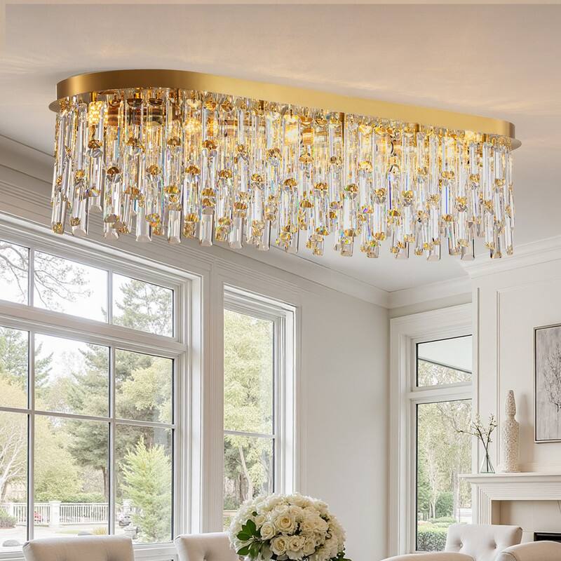 39.3 in. Brass Modern Luxury Crystal Chandelier Rectangular Flush Mount Ceiling Light for Dining Room Living Room - Brass Ceiling Light