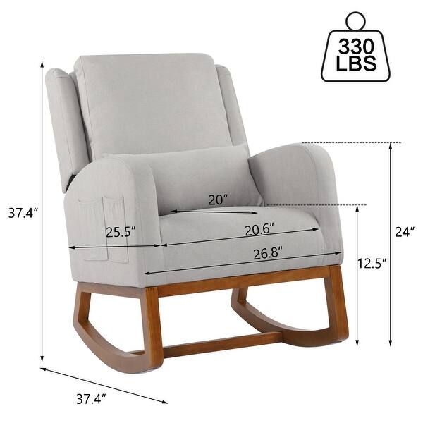 dimension image slide 1 of 4, Nursery Rocking Chair High Back Armchair with Side Pocket Rubber Wood Legs and Pillow Flannel Chair for Living Room/Bedroom