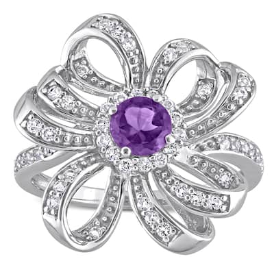 Miadora African Amethyst and White Topaz Floral Cluster Ring in Sterling Silver