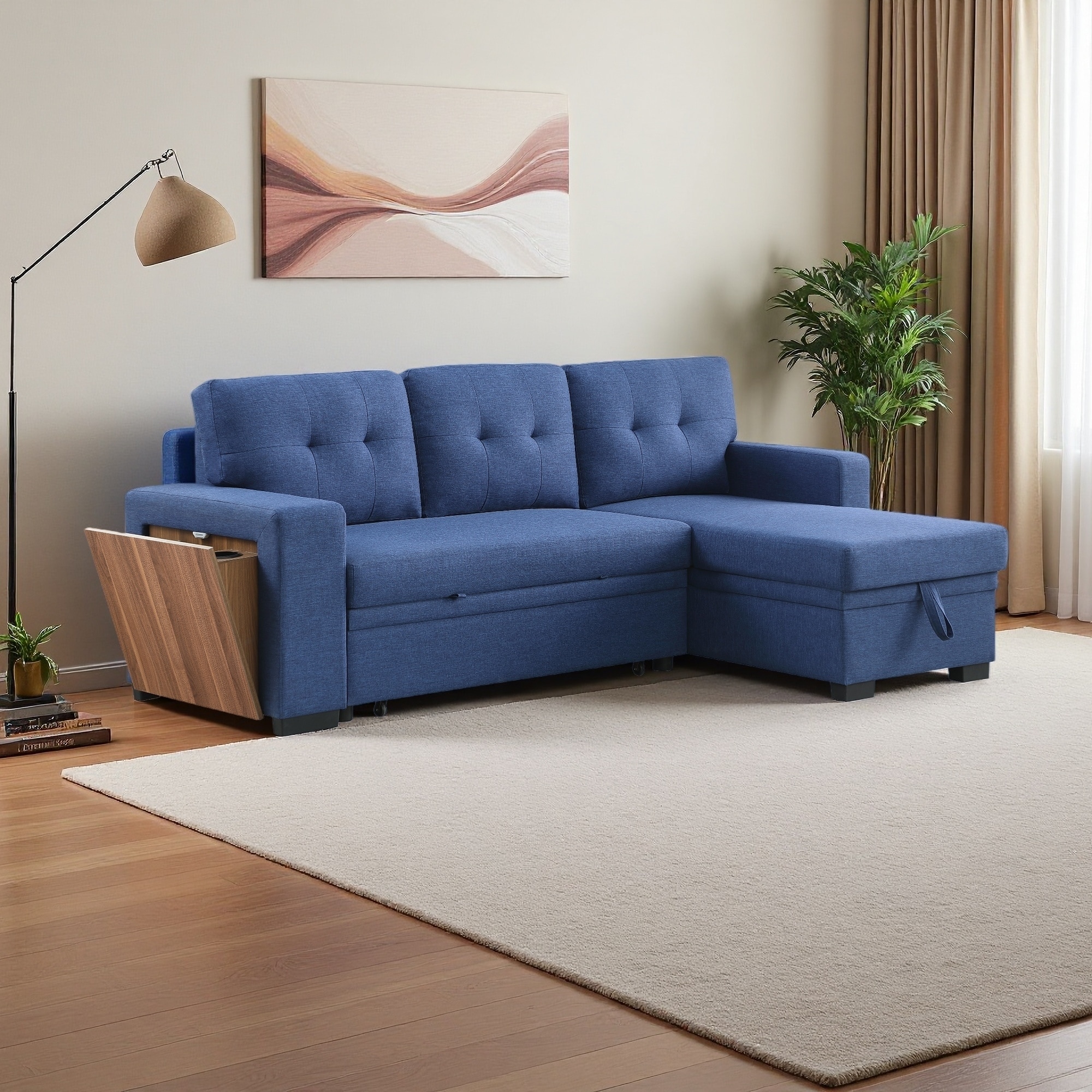 92" Linen 3-Seat Sectional Sofa with Storage Chaise and Pull-Out Sleeper