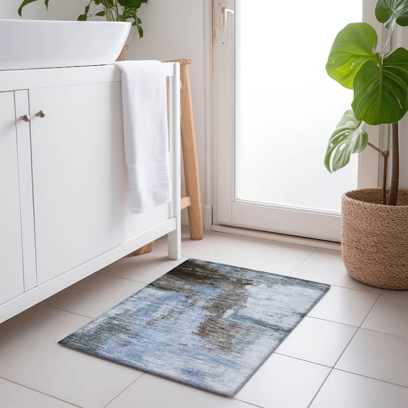 Machine Washable Indoor/ Outdoor Contemporary Abstract Chantille Rug - Blue - 1'8" x 2'6"