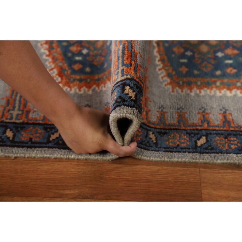 Geometric Viss Indian Runner Rug Handmade Gray Wool Carpet - 2'6"x 9'7"