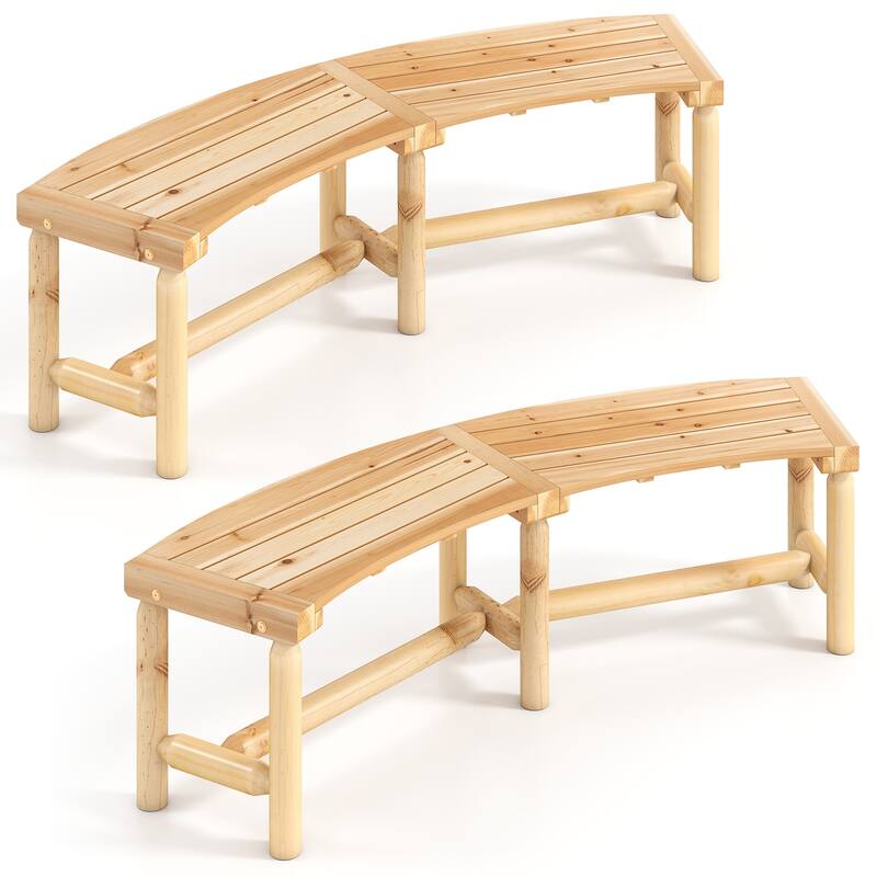 Gymax 2PCS Patio Curved Bench for 2-3 People Outdoor Loveseat for - Natural