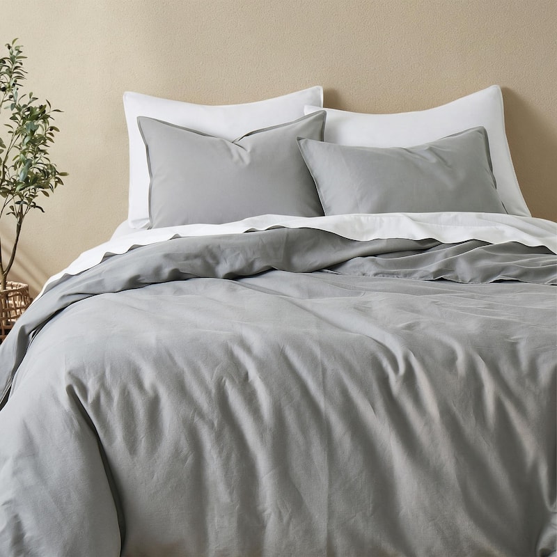 Flax Linen Cotton Blend Duvet Cover Set, Durable, and Moisture-Wicking, 3 Piece Bedding Set - Full - Queen - Dark Gray