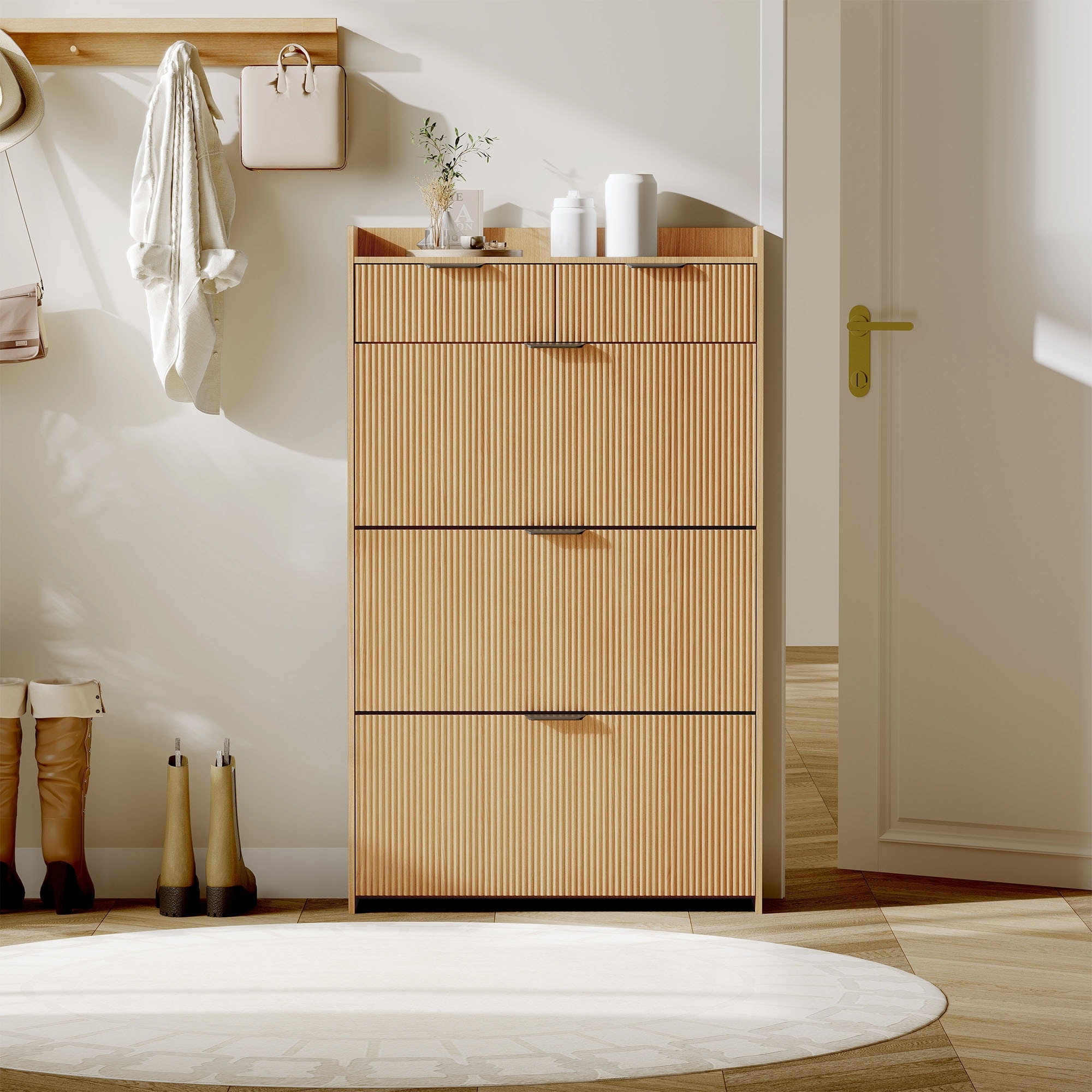 Modern Natural Shoe Cabinet with 3 Flip Drawers 2 Small Drawers Hook