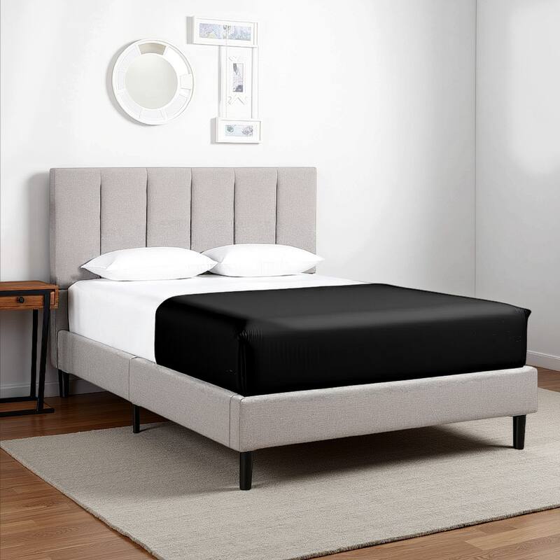 Heli Full Bed, Gray Linen Upholstered Frame, Vertical Tufted Headboard