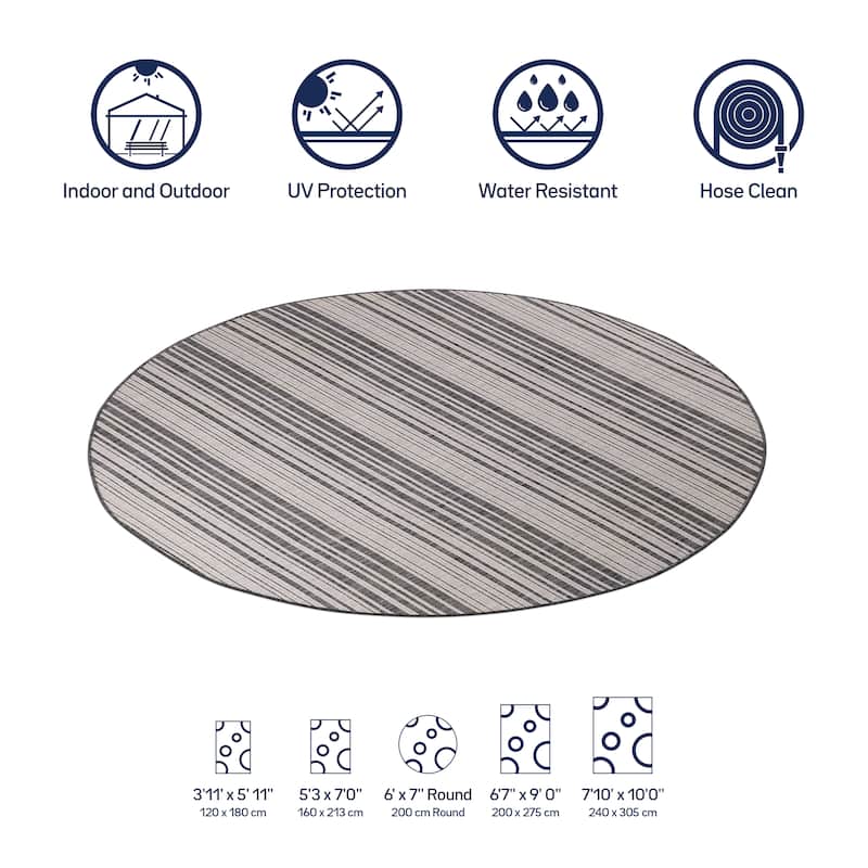 Beverly Rug Dark Grey Striped Indoor Outdoor Rug, Outside Carpet for Patio, Deck, Porch