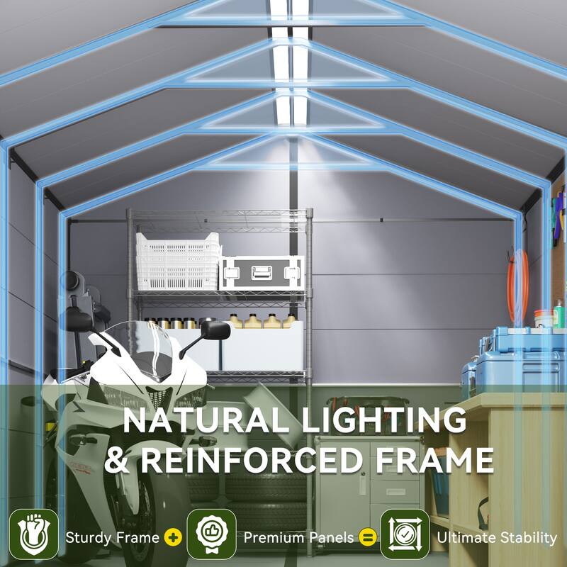 EROMMY Outdoor Storage Shed with Built-In Floor, Lockable Double Doors & Sloped Roof, Gray/Black