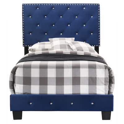 Navy Blue Velvet Platform Bed with Nailhead Trim, Twin Size