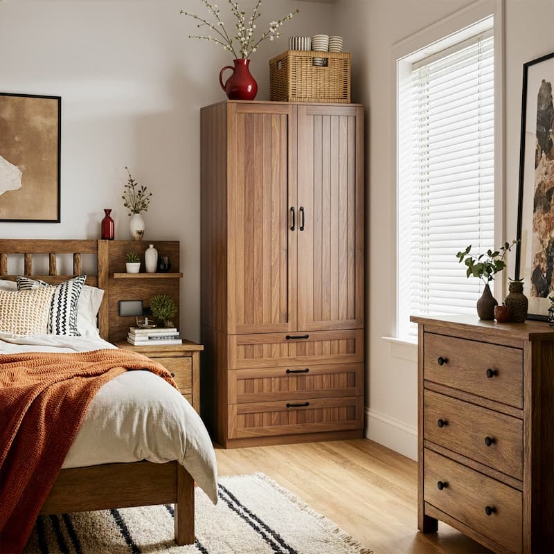 2 Doors Armoire Wardrobe Closet with Drawers - Brown