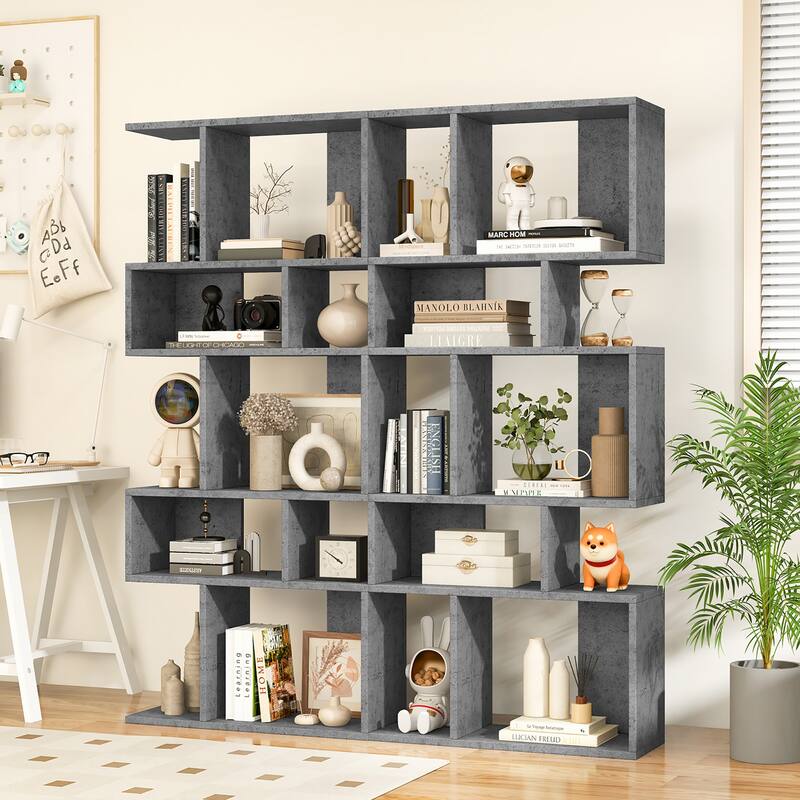 Gymax 2 PCS 5 Cubes Ladder Shelf Freestanding Bookshelf Display Rack - Grey