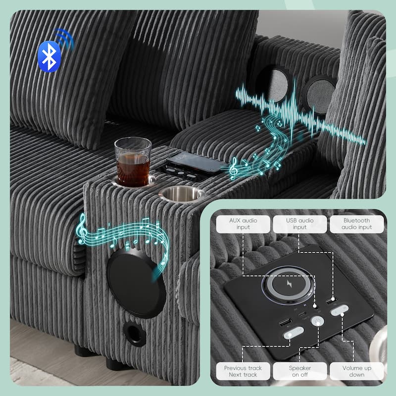 U-Shaped Cloud Corduroy Sectional Sofa with Console, Cup Holders, Bluetooth Speakers, Charging, Storage Ottoman, Deep Seats Sofa