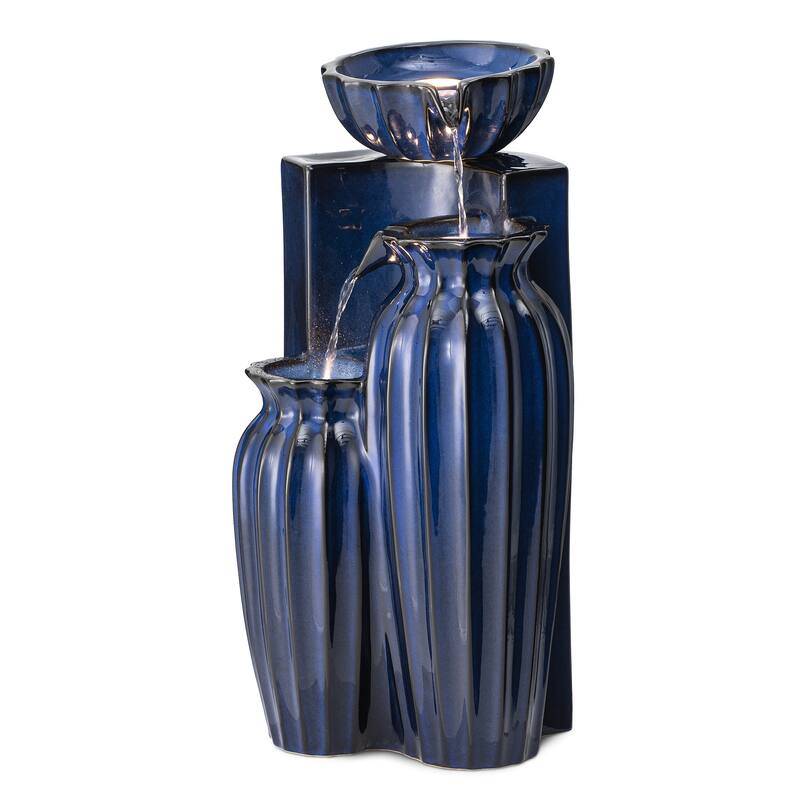 Glitzhome 26.75"H 3-Tiered Fluted Texture Ceramic Outdoor Floor Fountain with LED Lights