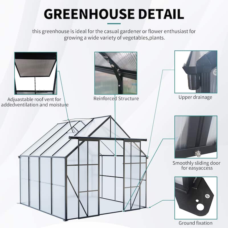 GDF Studio - Kensington Outdoor Aluminum Polycarbonate Greenhouse with Double Sliding Doors and Raised Base