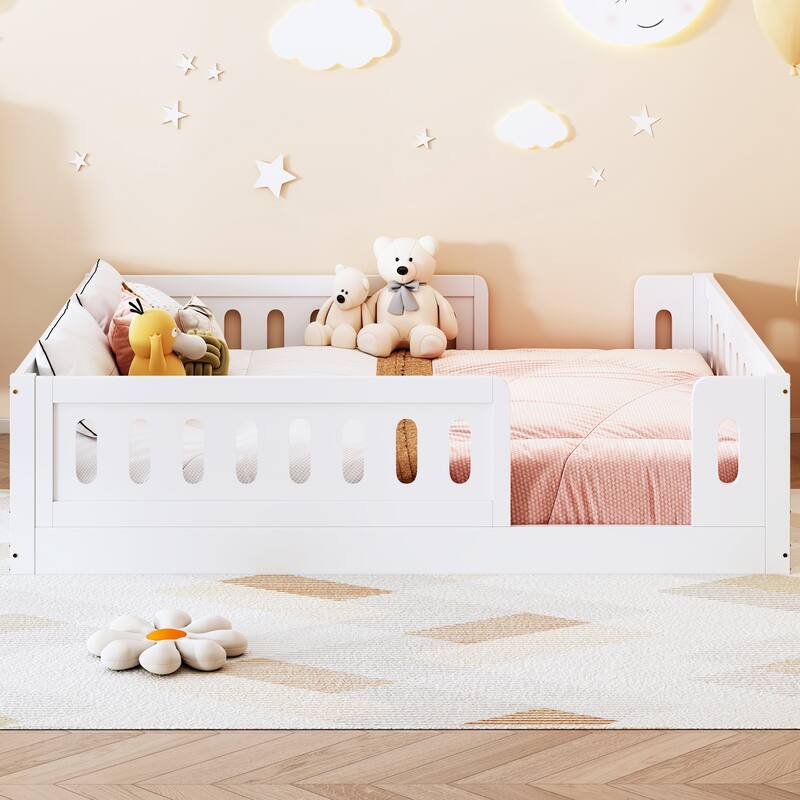 Kids Wood Floor Bed with Semi-Enclosed Guardrail and No-Slat Design