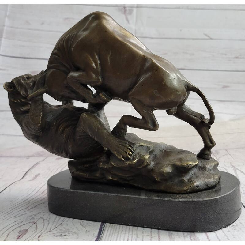 Wall Street Bull Vs Bear Market Bronze Metal Desktop Statue Sculpture 9 Inches X 11 Inches