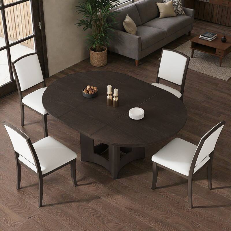 5-Piece Farmhouse Extendable Round Dining Table Set with 16" Leaf and 4 Upholstered Chairs for Small Spaces