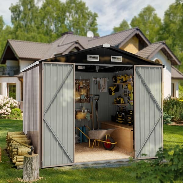 Aoxun 8x6 FT Shed With Base Outdoor Waterproof Storage Shed Metal Garden Shed With Lockable Doors Slooping Roof For Backyard Patio Poolside Brown