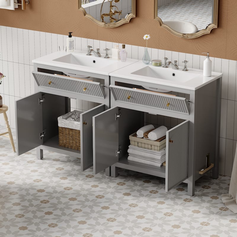 Roomfitters 60" Grey Bathroom Vanity with Ceramic Sink, Freestanding Storage Cabinet with Fluted Doors & Soft-Close Drawer - Grey