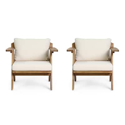 2 Piece Outdoor Patio Acacia Wood Club Chairs Set with Beige Cushions