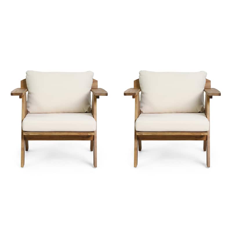 Arcola Outdoor Acacia Wood Club Chairs with Cushions (Set 2) by Christopher Knight Home - Teak Finish + Beige