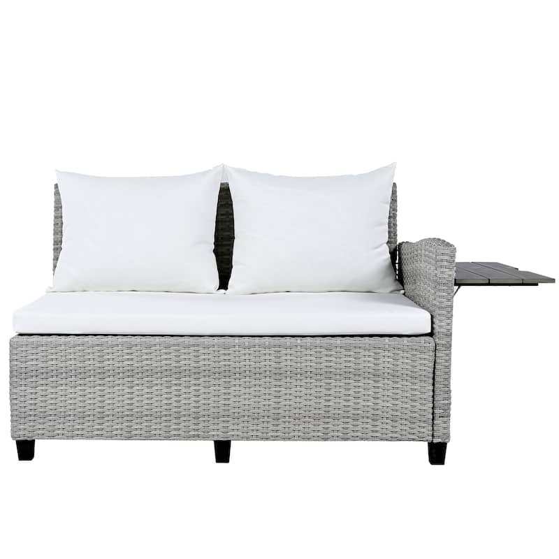 Roomfitters 5-Piece Outdoor PE Wicker Patio Sofa Set with 2 Extendable Side Tables, Dining Table