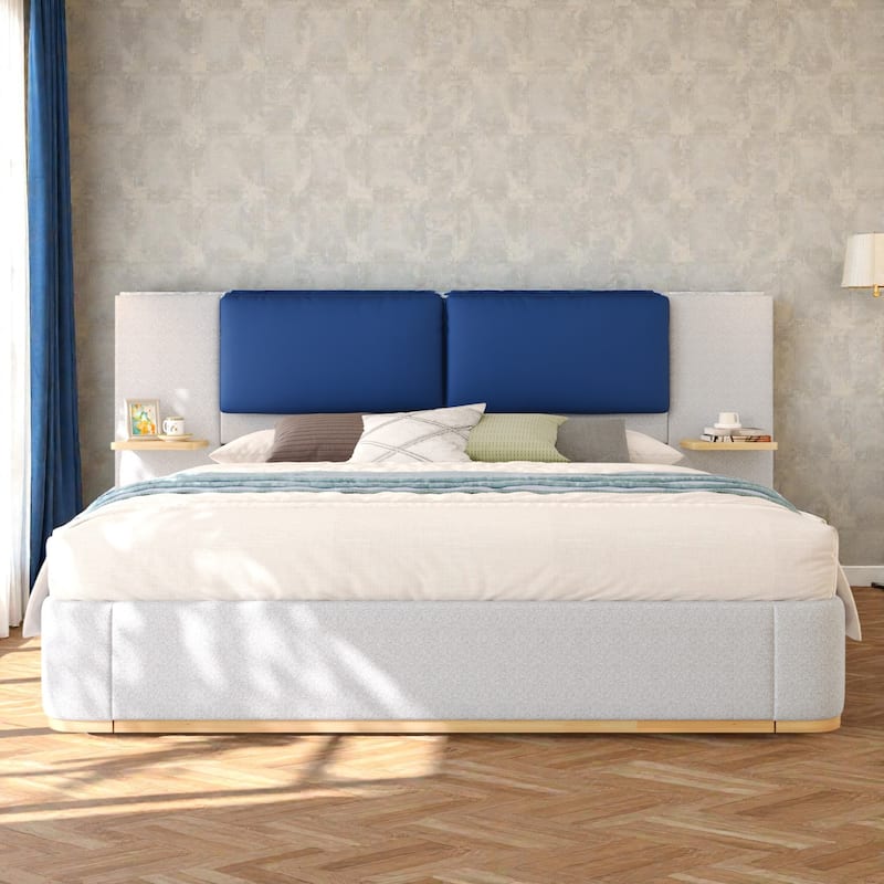 Upholstered Platform Bed Frame with Side Storage Panels, Soft Rounded Corners, Cushioned Headboard & No Box Spring Needed - Grey - King