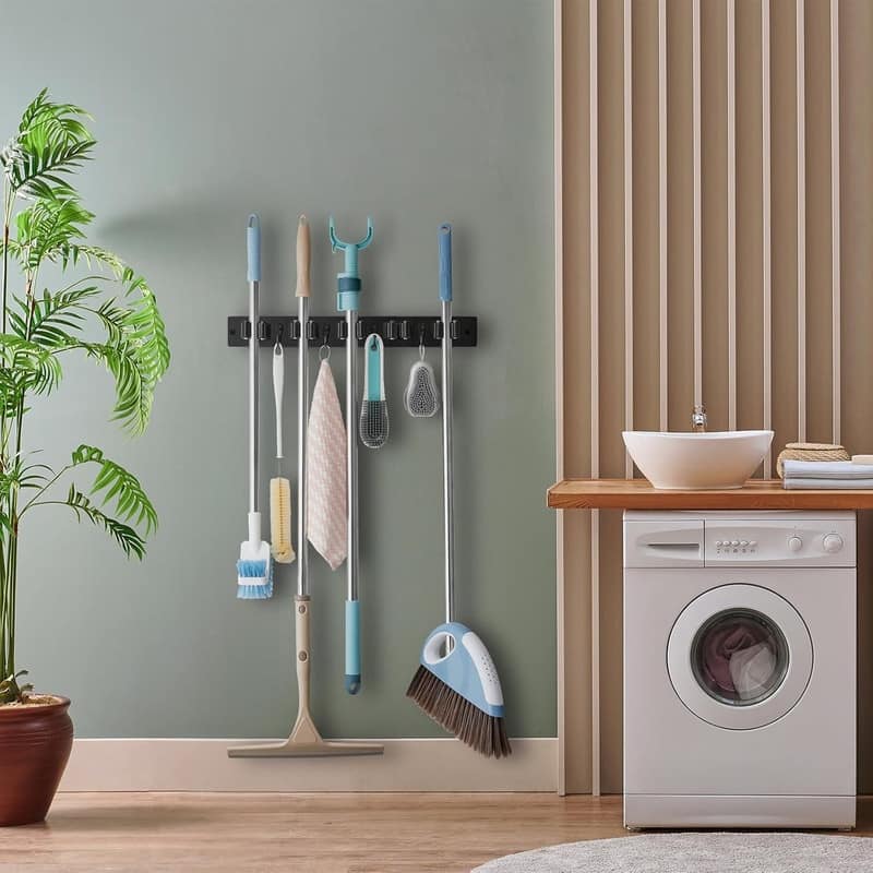 Mop and Broom Holder Wall Mount With 5 Slots & 4 Hooks - 1 Pack